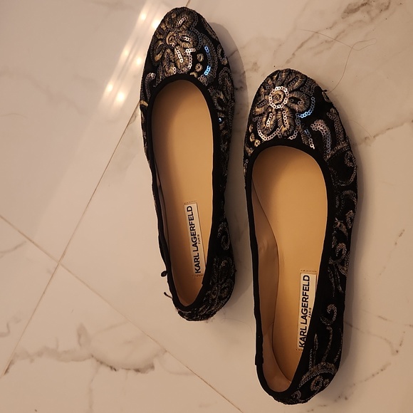 Karl Lagerfeld Sequin Embroidered Ballet Flats Size 8.5 US. GUC. Black and gold. - Picture 3 of 6
